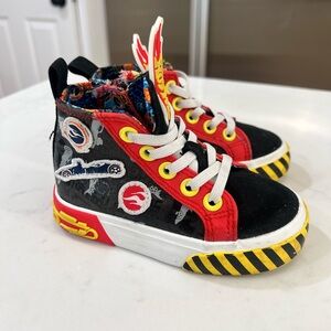 Kids High-Top Sneakers in Black and Red with Yellow Accents